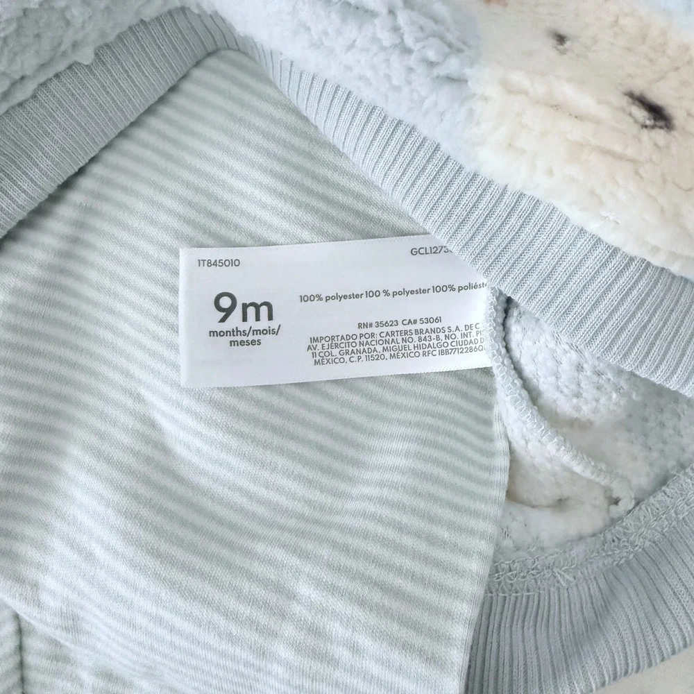 Carter's 2pc Cozy Set Kids 9M Blue New Sherpa Polar Bear Fleece Striped Pants